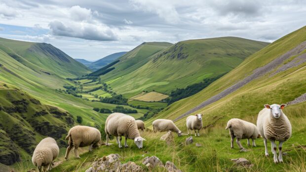 A peaceful countryside scene with grazing sheep on a hillside overlooking a serene valley.
