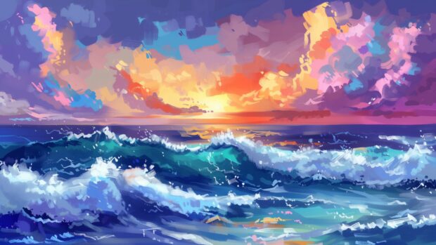 A peaceful ocean at dusk with vibrant colors in the sky.