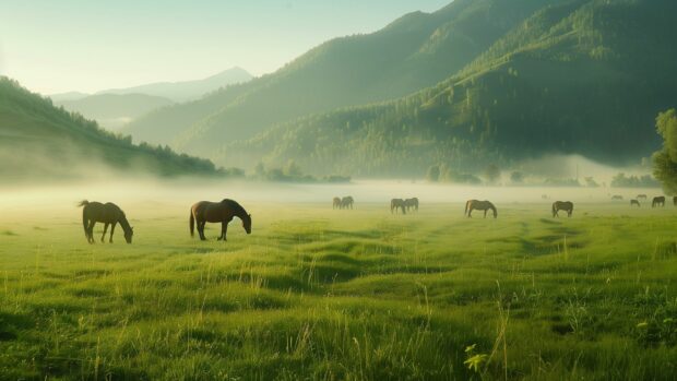 A peaceful pasture with grazing horses and a distant mountain range bathed in soft morning light, Country Desktop 2K Wallpaper .