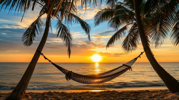 A peaceful sunset Beach Wallpaper 4K with a hammock strung between two palm trees.