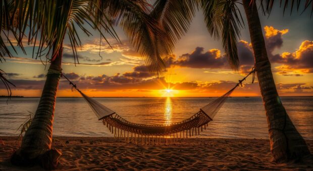 A peaceful sunset beach with a hammock strung between two palm trees.