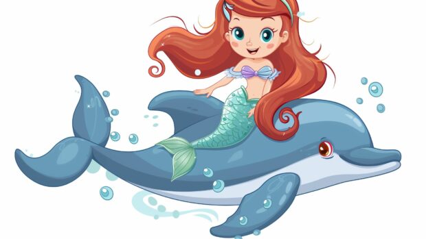 A playful mermaid riding on the back of a friendly dolphin, Mermaid Wallpaper.