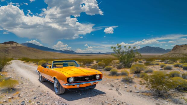 A pristine Camaro SS in a desert landscape, with clear blue skies and distant mountains, 4K wallpaper.