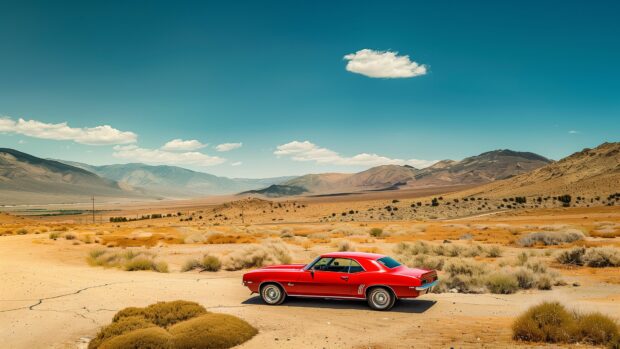 A pristine Camaro in a desert landscape, with clear blue skies and distant mountains.