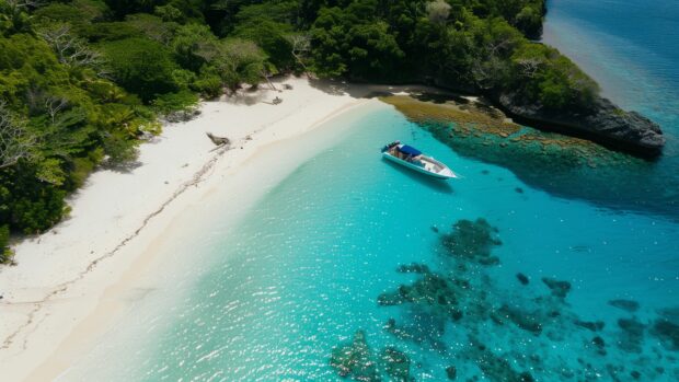 A pristine Tropical Beach wallpaper 4K with crystal clear turquoise waters and white sand.