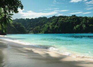 A pristine Tropical Beach wallpaper HD free download with turquoise waters and white sand.