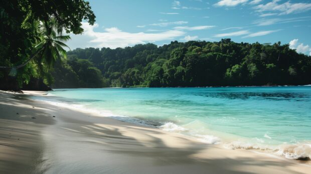 A pristine Tropical Beach wallpaper HD free download with turquoise waters and white sand.