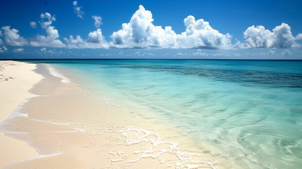 A pristine beach wallper with crystal clear turquoise waters and white sand.