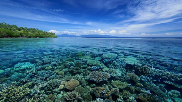 A pristine ocean HD wallpaper for desktop with crystal clear water and vibrant coral reefs below.