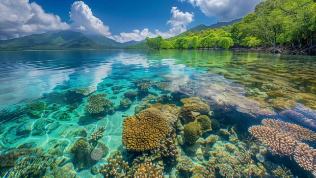 A pristine ocean desktop HD wallpaper with crystal clear water and colorful fish swimming.