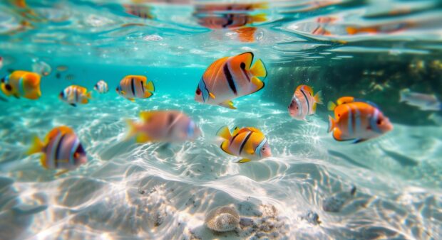 A pristine ocean with crystal clear water and colorful fish swimming.