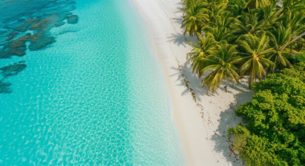 A pristine tropical beach HD wallpaper with turquoise waters and white sand.