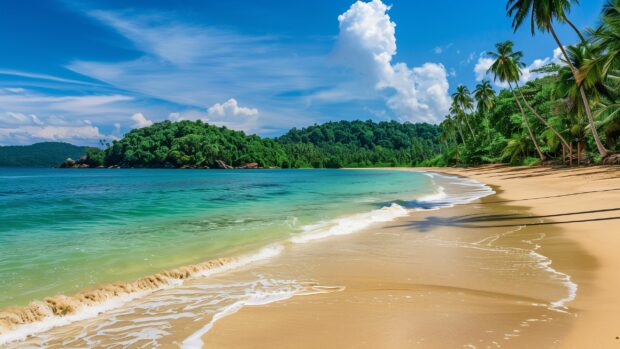 A pristine tropical beach desktop wallpaper with turquoise waters and white sand.