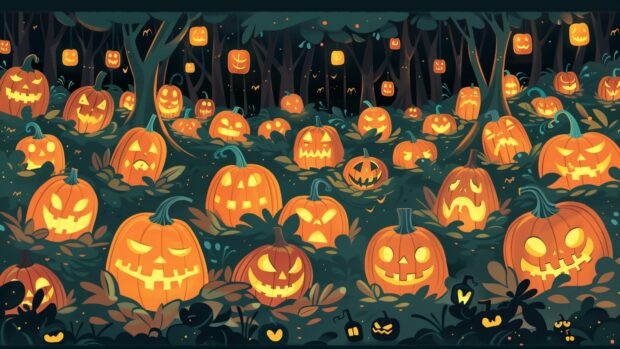 A pumpkin patch filled with cheerful, carved pumpkins and glowing lanterns,  Preppy Halloween Wallpaper 4K.