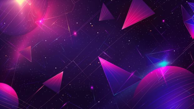 A purple space 4K OLED Desktop Wallpaper with geometric shapes and patterns intersecting a starry background, creating a modern and artistic look.
