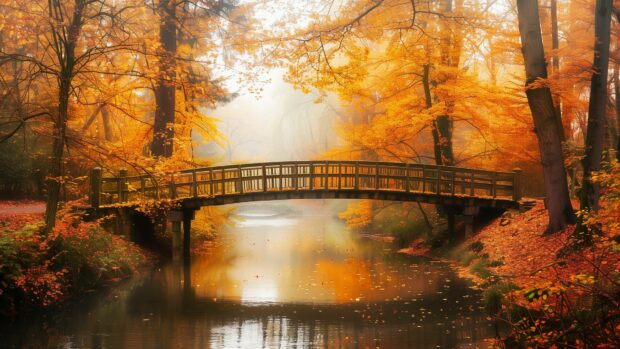 A quaint bridge over a stream, surrounded by trees in full fall colors 4K resolution.