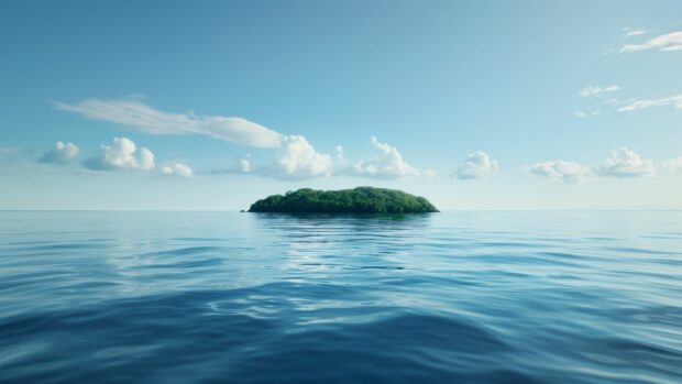A quiet ocean with a small island barely visible on the horizon.