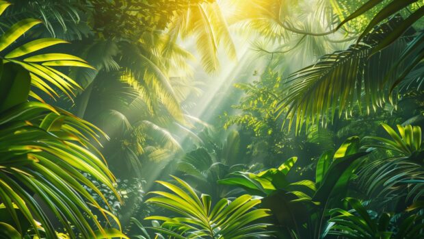 A refreshing cool rainforest canopy with sunlight filtering through lush foliage.