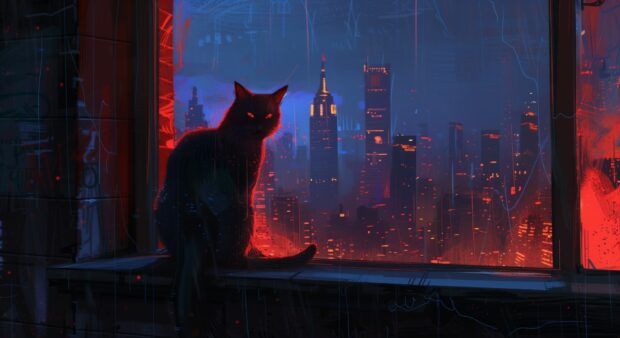 A rendering of a cool cat sitting on a windowsill with a city skyline in the background.