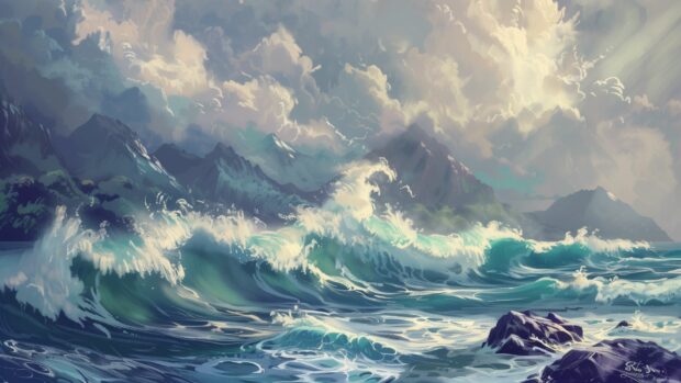 A rocky coastline with dramatic waves and a stormy sky, ocean background.