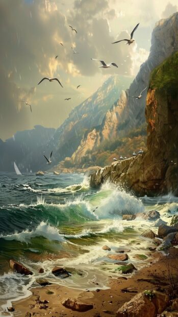 A rocky coastline with waves crashing and seagulls flying overhead.