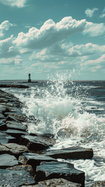 A rocky shore with crashing waves and a lighthouse in the distance.