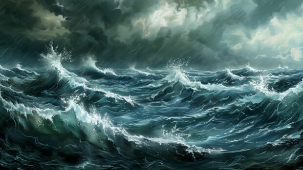 A rough ocean desktop HD wallpaper with towering waves and a stormy sky.