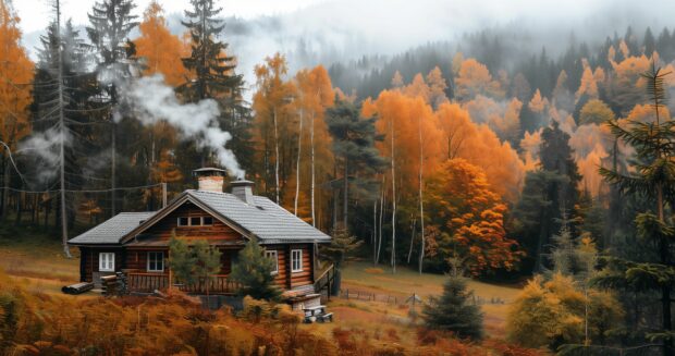 A rustic cabin surrounded by autumn trees, smoke rising from the chimney.