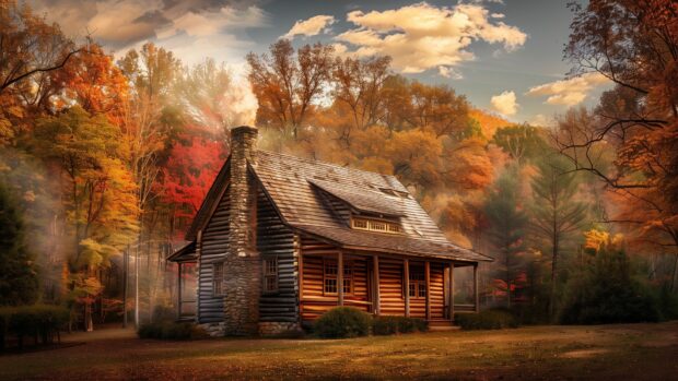 A rustic cabin surrounded by autumn trees, smoke rising from the chimney, Desktop Wallpaper HD.