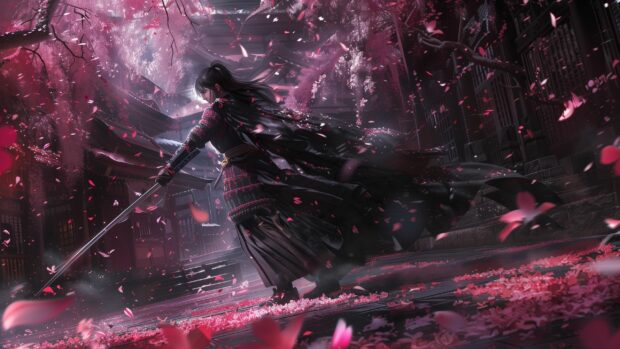 A samurai drawing his sword in a dynamic motion, surrounded by falling cherry blossom petals.