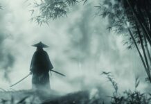 A samurai standing alone in a misty bamboo forest, with his katana drawn, ready for battle, Samurai Background 4K.