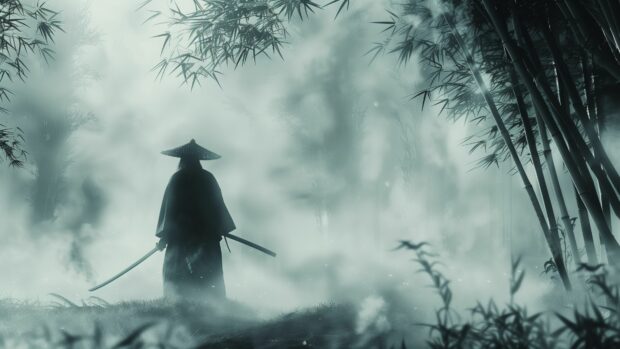A samurai standing alone in a misty bamboo forest, with his katana drawn, ready for battle, Samurai Background 4K.