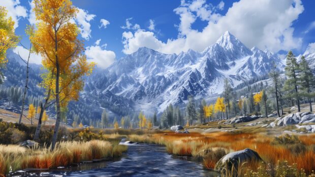 A scenic mountain landscape in fall 4K wallpaper.