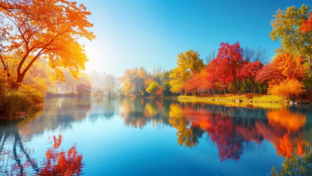 A scenic view of a lake with perfect autumn foliage reflected in the water, cool image HD wallpaper.