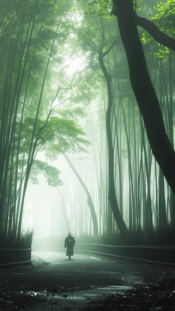A serene bamboo forest with a lone samurai walking along a winding path, deep in contemplation, Free download Samurai iPhone Background.