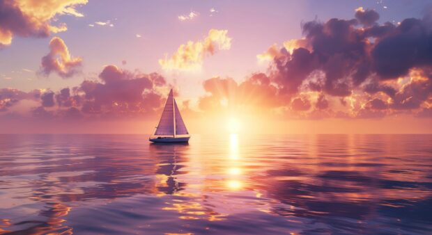 A serene boat ocean scene with a sailboat gliding across calm waters at sunset.