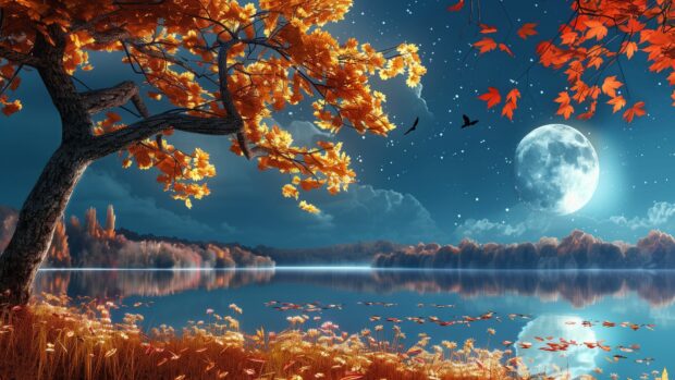 A serene fall night scene, with the moonlight illuminating the colorful leaves, cool image wallpaper.