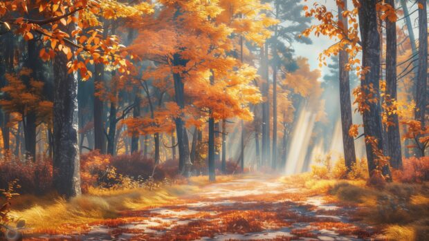 A serene forest path covered with vibrant fall leaves, sunlight filtering through the trees.