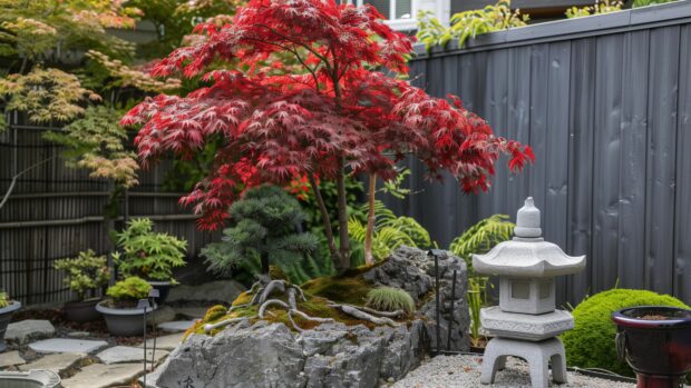 A serene garden with a stone lantern and bonsai trees, featuring a samurai meditating under a maple tree.