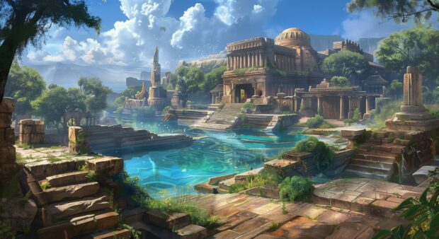 A serene island landscape with crystal clear waters and mystical ruins, evoking the exploration themes found in MTG.