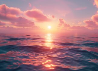 A serene ocean wallpaper 4K with a reflection of the colorful sunset.