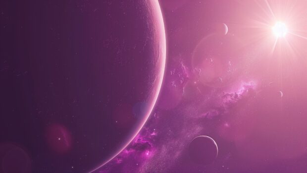 A serene purple space background with distant planets and stars, creating a calming and otherworldly ambiance, 4K space background.