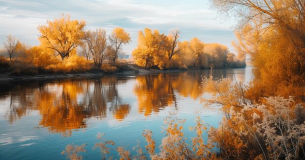 A serene riverbank in autumn background, with colorful trees reflected in the water, high quality 4K photography.