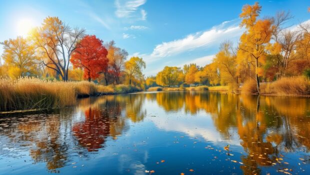 A serene riverbank in autumn, with colorful trees reflected in the water.