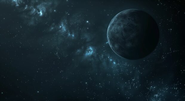 A serene scene of a dark, distant planet with a faintly glowing atmosphere, set against the starry background of deep space.