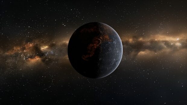 A serene scene of a dark planet with a faintly glowing atmosphere, set against the starry background of deep black space.