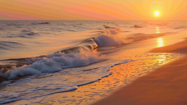 A serene sunset beach with gentle waves and golden sand, Desktop wallpaper 4K.