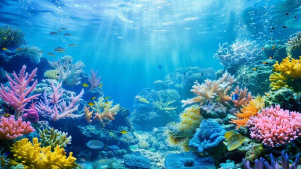 A serene underwater ocean wallpaper with colorful coral reefs.