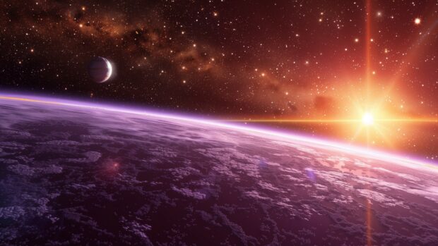 A serene view of a distant planet orbiting a binary star system with colorful skies background.