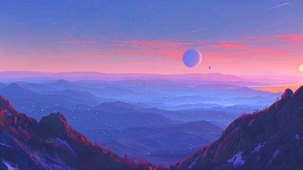 A serene view of a distant planet orbiting a binary star system with colorful skies wallpaper.